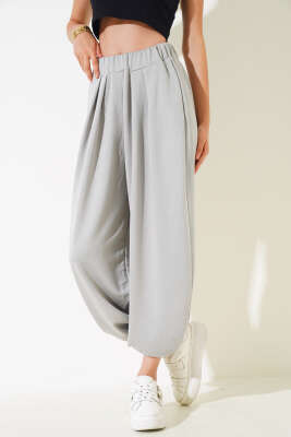 Bel Lastikli Pileli Şalvar Pantolon Gri - Kadın Giyim Modelleri