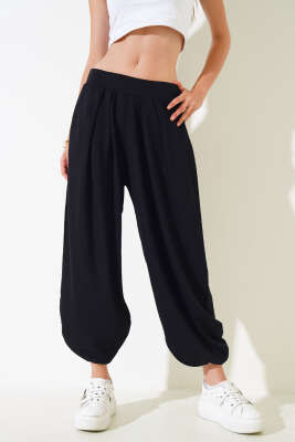 Bel Lastikli Pileli Şalvar Pantolon Siyah - Kadın Giyim Modelleri