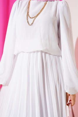 Bel Lastikli Pileli Şifon Elbise Beyaz - Tesettür Elbise