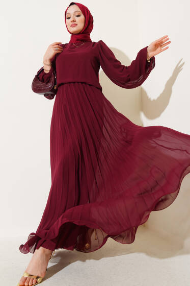 Bel Lastikli Pileli Şifon Elbise Bordo - Elbise