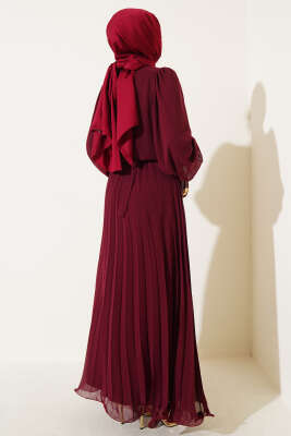 Bel Lastikli Pileli Şifon Elbise Bordo - Tesettür Elbise
