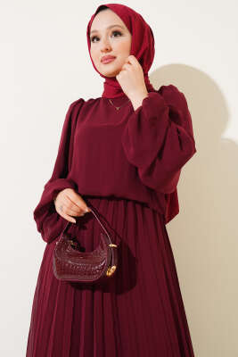 Bel Lastikli Pileli Şifon Elbise Bordo - Tesettür Elbise
