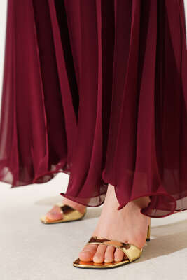 Bel Lastikli Pileli Şifon Elbise Bordo - Tesettür Elbise