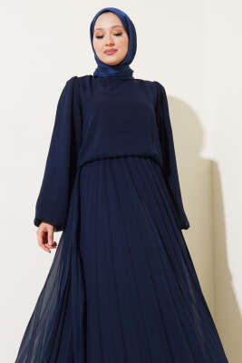 Bel Lastikli Pileli Şifon Elbise Lacivert - Tesettür Elbise