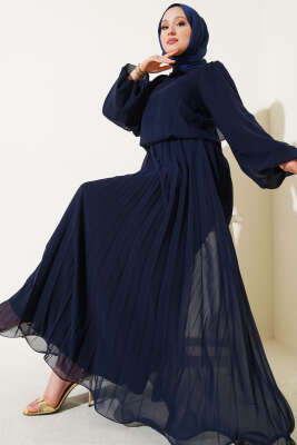 Bel Lastikli Pileli Şifon Elbise Lacivert 