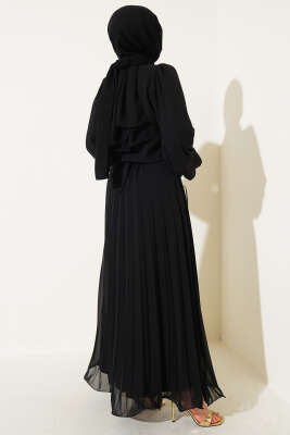 Bel Lastikli Pileli Şifon Elbise Siyah - Tesettür Elbise