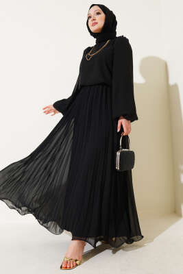 Bel Lastikli Pileli Şifon Elbise Siyah - Tesettür Elbise