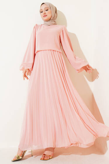 Bel Lastikli Pileli Şifon Elbise Somon - Tesettür Elbise