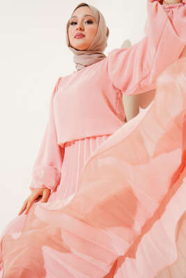 Bel Lastikli Pileli Şifon Elbise Somon - Tesettür Elbise