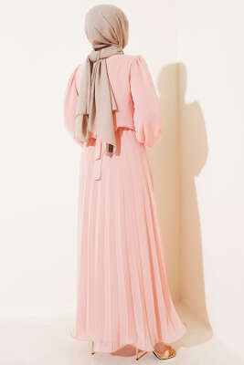 Bel Lastikli Pileli Şifon Elbise Somon - Tesettür Elbise
