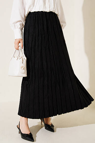 Bel Lastikli Pilise Detaylı Etek Siyah - Etek
