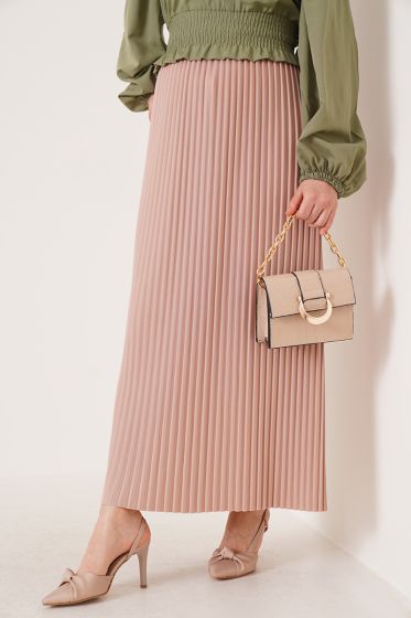 Bel Lastikli Piliseli Bej Etek - Uzun Etek