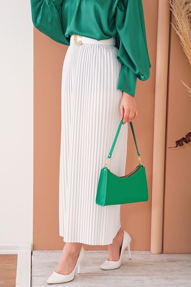 Bel Lastikli Piliseli Beyaz Etek - Pileli Etek