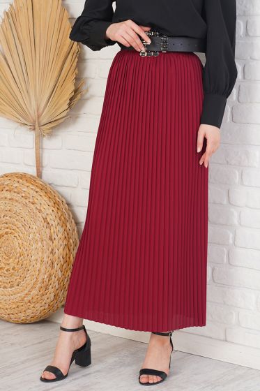 Bel Lastikli Piliseli Bordo Etek - Uzun Etek