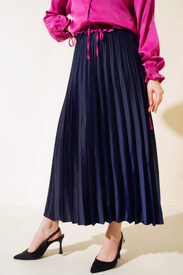 Bel Lastikli Piliseli Etek Lacivert - Etek