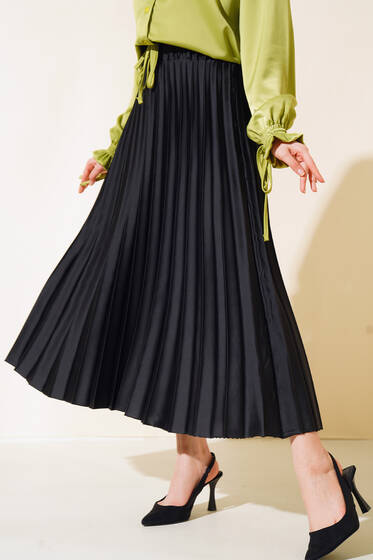 Bel Lastikli Piliseli Etek Siyah - Etek