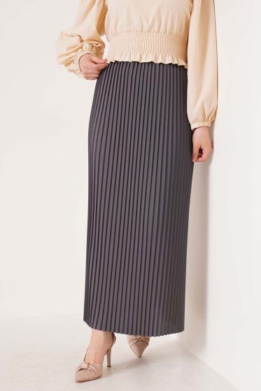 Bel Lastikli Piliseli Füme Etek - Uzun Etek