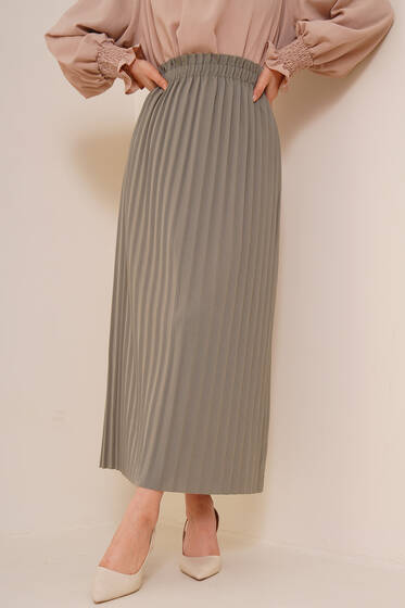Bel Lastikli Piliseli Gri Etek - Pileli Etek