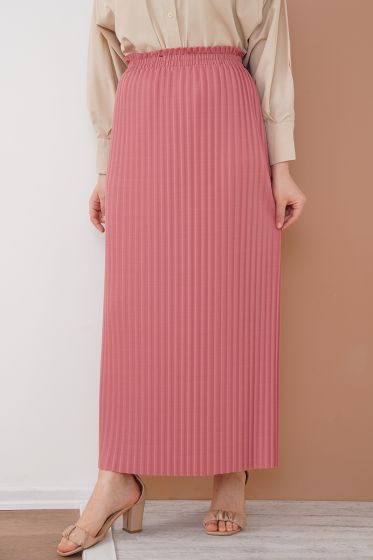 Bel Lastikli Piliseli Gül Kurusu Etek - Uzun Etek