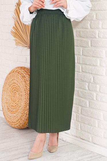 Bel Lastikli Piliseli Haki Etek - Uzun Etek