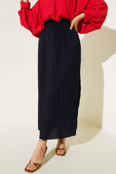 Bel Lastikli Piliseli Lacivert Etek - Uzun Etek