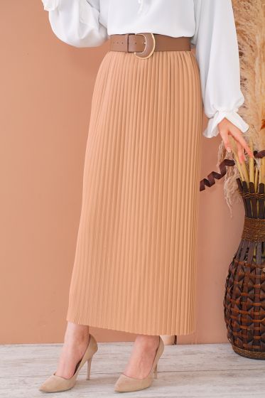 Bel Lastikli Piliseli Latte Etek - Uzun Etek