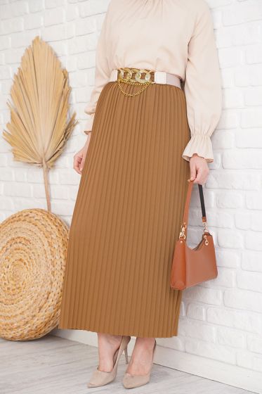 Bel Lastikli Piliseli Taba Etek - Uzun Etek