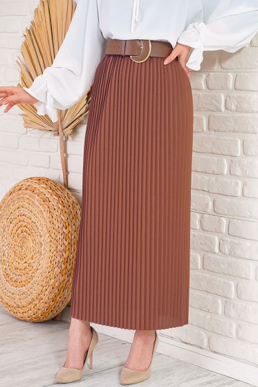 Bel Lastikli Piliseli Tarçın Etek - Uzun Etek