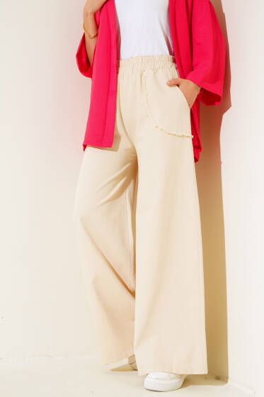 Bel Lastikli Püskül Detaylı Pantolon Bej - Pantolon