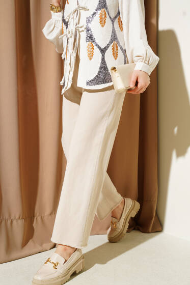 Bel Lastikli Püskül Paça Gabardin Pantolon Bej - Pantolon