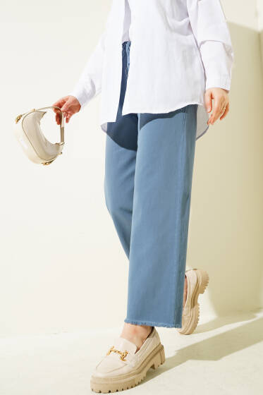 Bel Lastikli Püskül Paça Gabardin Pantolon İndigo - Pantolon