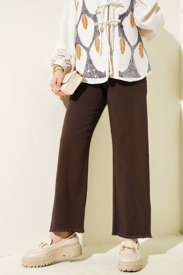 Bel Lastikli Püskül Paça Gabardin Pantolon Kahve - Pantolon