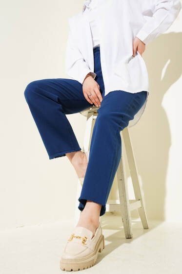 Bel Lastikli Püskül Paça Gabardin Pantolon Lacivert - Pantolon