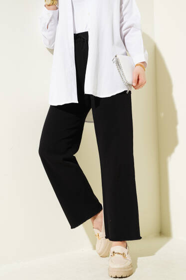 Bel Lastikli Püskül Paça Gabardin Pantolon Siyah - Pantolon