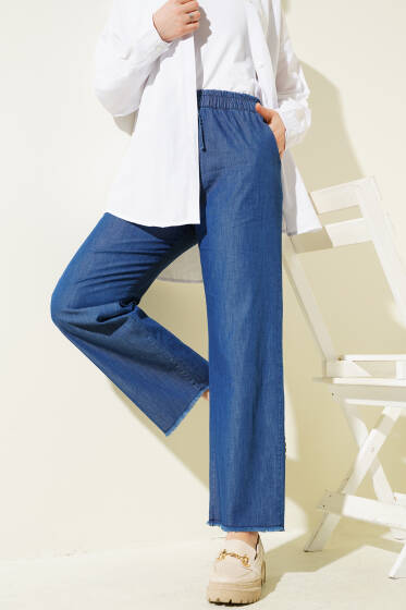 Bel Lastikli Püskül Paça Kot Pantolon Mavi - Pantolon