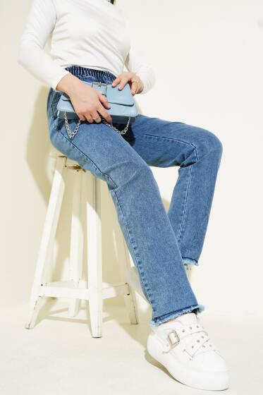 Bel Lastikli Püsküllü Boru Paça Kot Pantolon Kot Mavisi - Pantolon