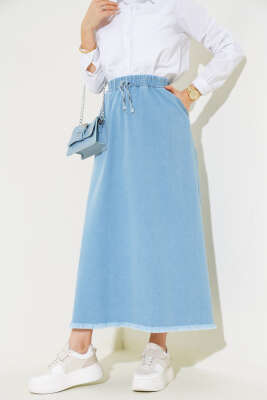 Bel Lastikli Püsküllü Kot Etek Açık Mavi - Uzun Etek