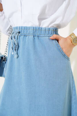 Bel Lastikli Püsküllü Kot Etek Açık Mavi - Uzun Etek