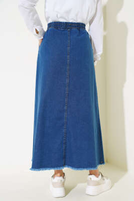 Bel Lastikli Püsküllü Kot Etek Kot Mavisi - Uzun Etek