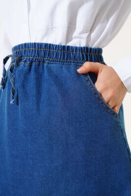 Bel Lastikli Püsküllü Kot Etek Kot Mavisi - Uzun Etek