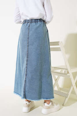 Bel Lastikli Püsküllü Kot Etek Mavi - Uzun Etek