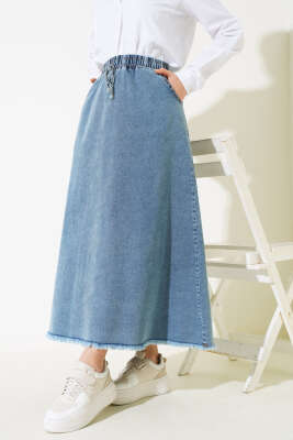 Bel Lastikli Püsküllü Kot Etek Mavi - Uzun Etek