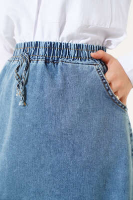 Bel Lastikli Püsküllü Kot Etek Mavi - Uzun Etek