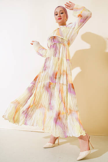 Bel Lastikli Renkli Elbise Gökkuşağı - Tesettür Elbise