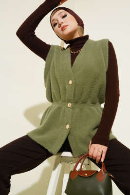 Bel Lastikli Sakallı Triko Yelek Haki 