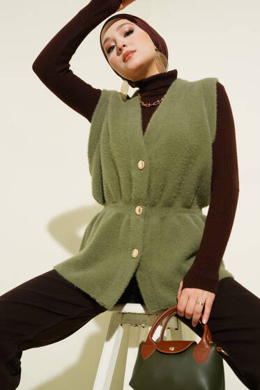 Bel Lastikli Sakallı Triko Yelek Haki - Yelek