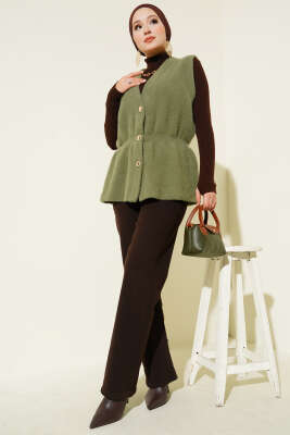 Bel Lastikli Sakallı Triko Yelek Haki - Yelek