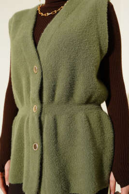 Bel Lastikli Sakallı Triko Yelek Haki - Yelek