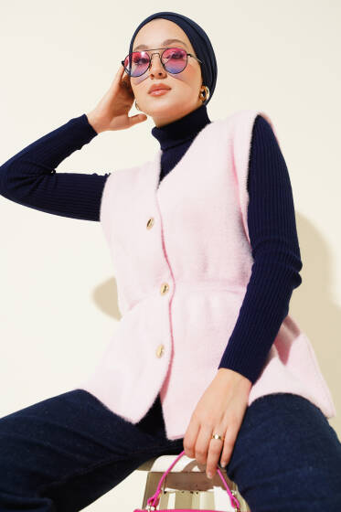 Bel Lastikli Sakallı Triko Yelek Pembe - Yelek