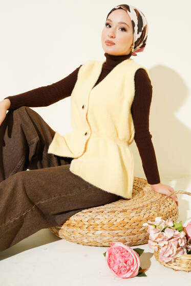 Bel Lastikli Sakallı Triko Yelek Sarı - Hırka